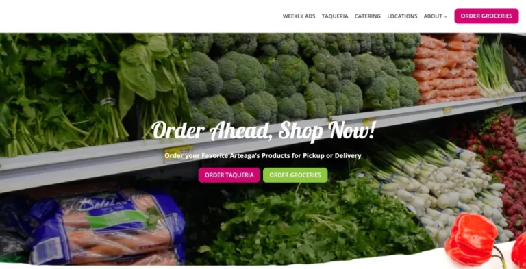 Portfolio screenshot for a multi-location retail grocery chain website, showcasing fresh produce and complex database architecture.