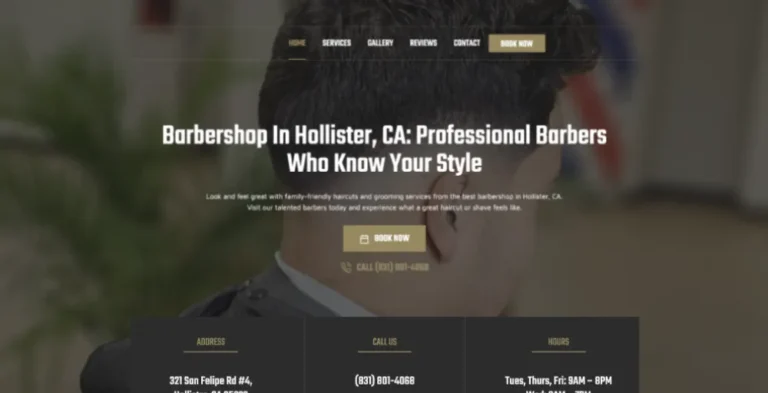 Web design interface for a premium barbershop lifestyle brand, featuring high-quality professional salon imagery.